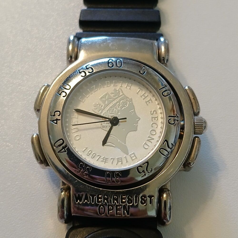 VTG 1997 Hong Kong Handover Flip Watch Queen Elizabeth Mao Zedong Compass Strap